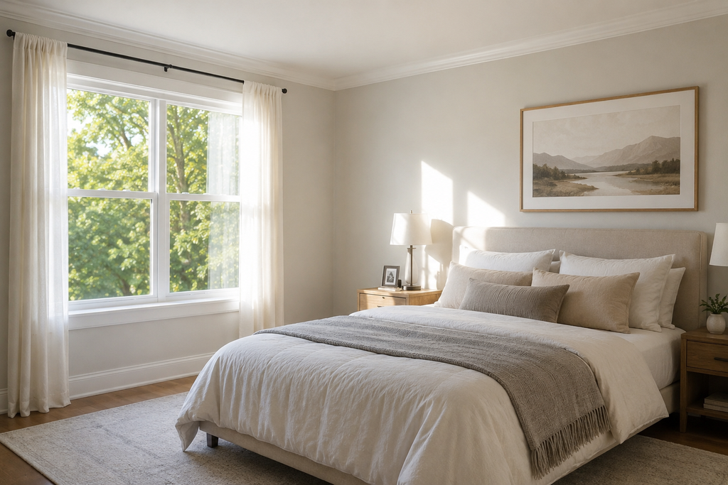 Beautifully finished, freshly painted bedroom with soft neutral walls
