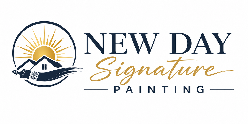 New Day Signature Painting logo -- navy circle badge with gold sunburst, house, and paintbrush icon, alongside the New Day Signature Painting wordmark