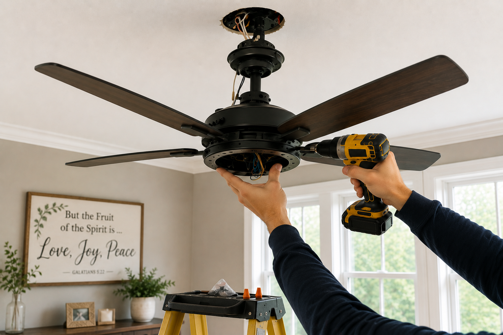 Person installing a ceiling fan and light fixture with a power drill