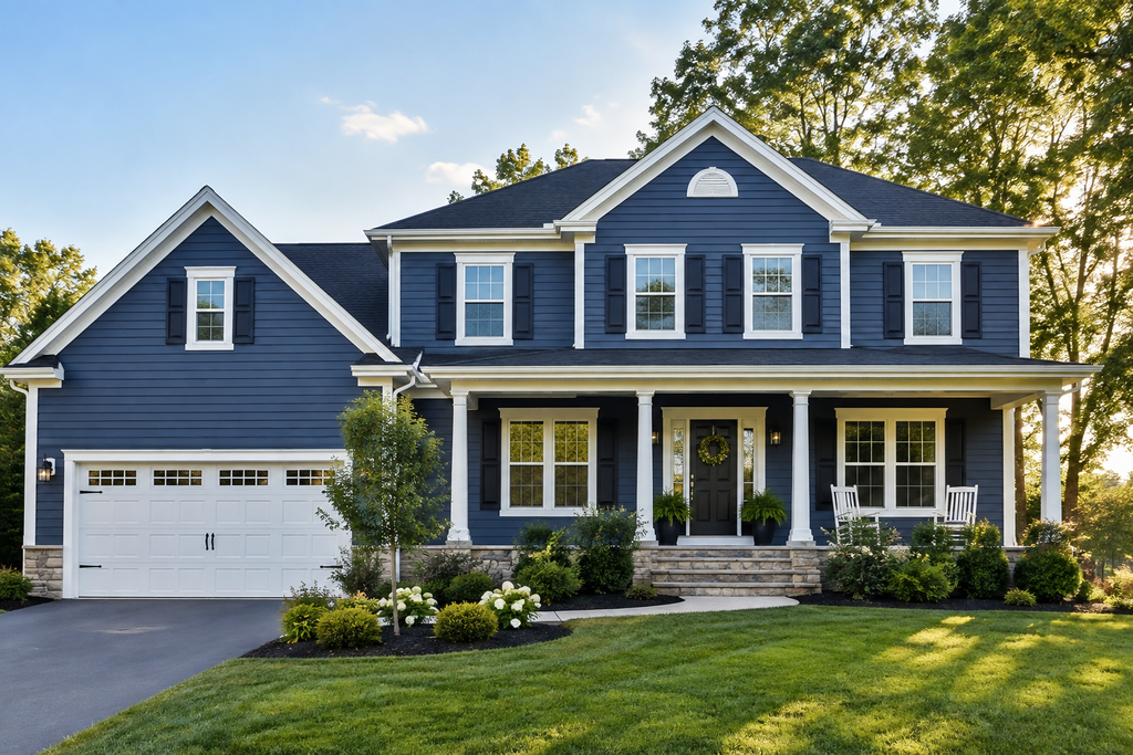 Two-story home with freshly painted navy-blue exterior siding and white trim